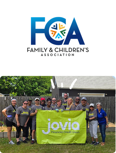 FCA logo and a picture of Jovia employees volunteering at FCA event